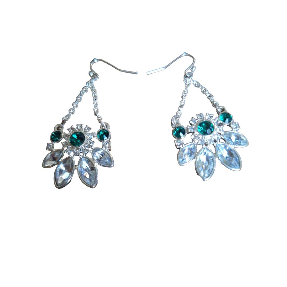 Statement Flower Rhinestone Earrings Clear/Green Silver Tone Fishhook Ear Wires